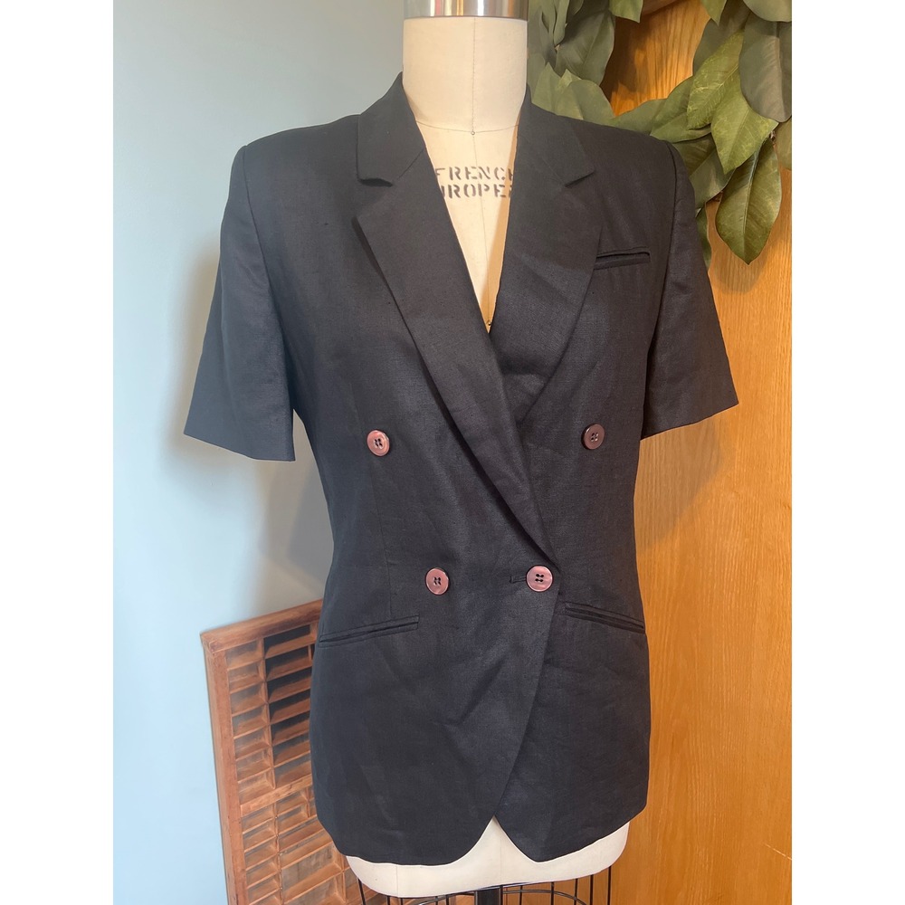 Short Sleeve Blazer Black Double Breasted Shoulder‎ Pads Career Business Jacket